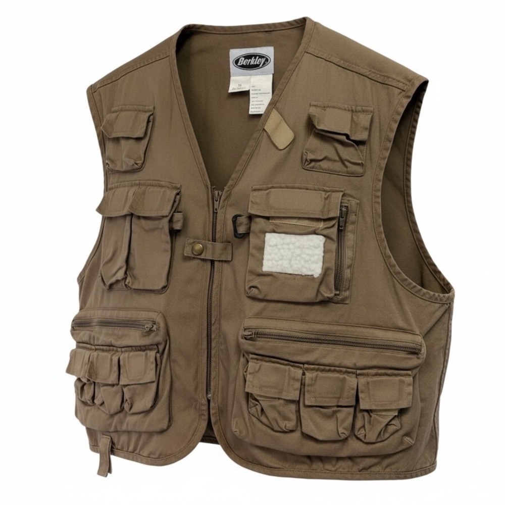 Berkley Mens XL Fishing‎ Vest Brown Cotton Multi Pocket (G23)
